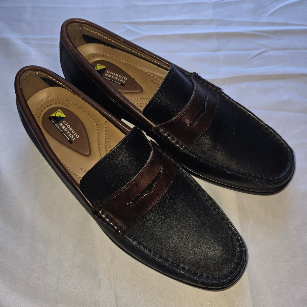 Giorgio Brutini Mens 9M Black Brown Leather Penny Loafers Gel Tech 3824513
